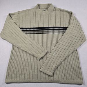 Adolfo Men's Large Olive Shade Mock Neck Ribbed Pullover Sweater Black Stripes